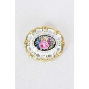 Vintage Antique 1930s 30s Schumann Porcelain White and Gold Floral Brooch